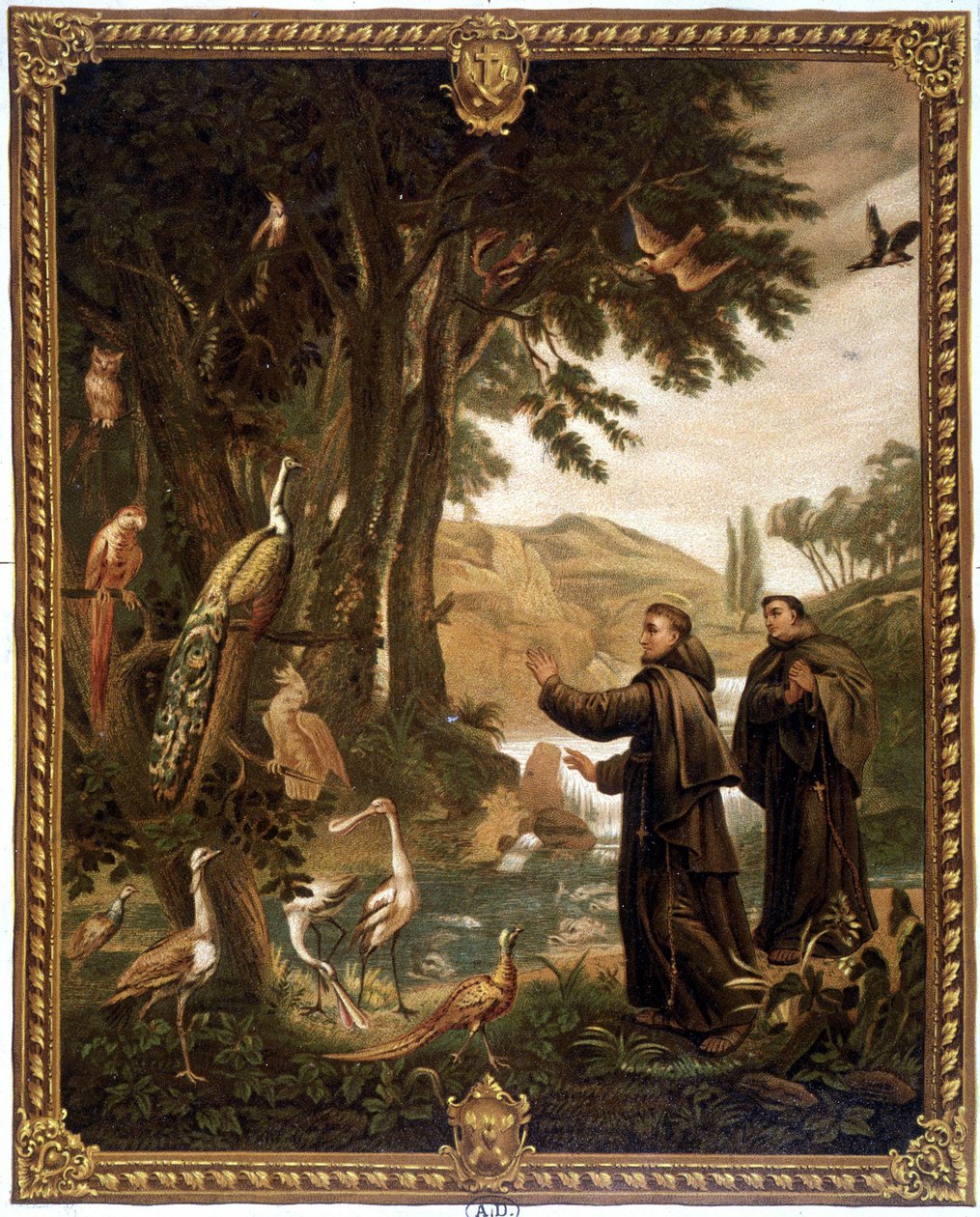 鳥と会話するアッシジの聖フランチェスコ - 18世紀の絵画を複製した19