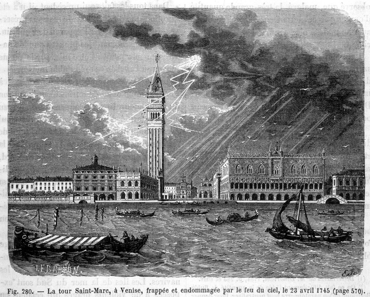 1745年4月23日の天空の火事で被害を受けたヴェネツィアのサン・マルコ塔 - ルイ・フィギエの「科学の驚異」より 作： 無名の画家