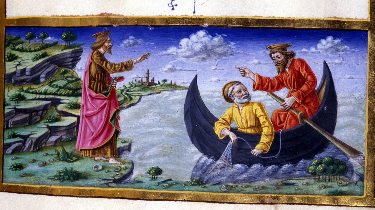 St.Peterティベリアス湖での釣り。15世紀のミニチュア。ミラノ、トリブルジアーナ図書館。 作： 無名の画家