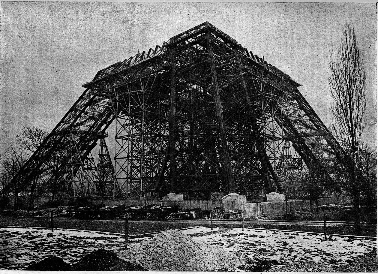 1888年3月初めのパリのエッフェル塔建設状況、雑誌 "la jeunesse "のエングレーヴィング。 作： 無名の画家