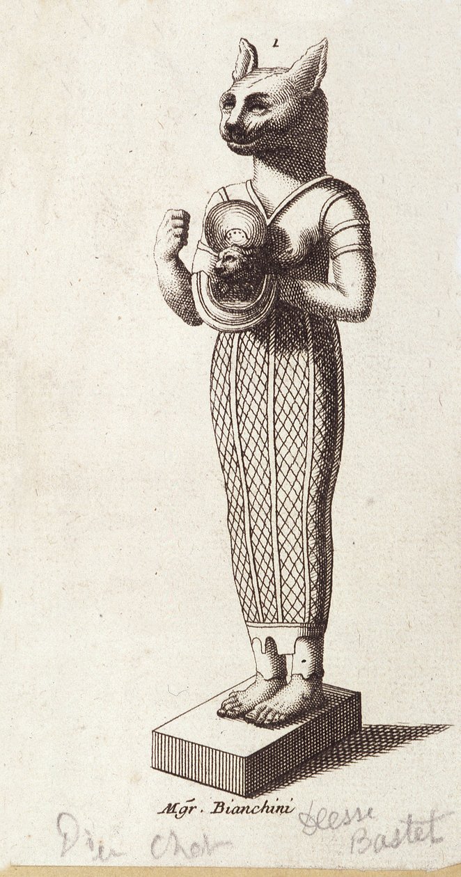 ダンスの女神、猫頭のバステトの像（古代エジプト）。古代エジプトの宗教における女神。 作： 無名の画家