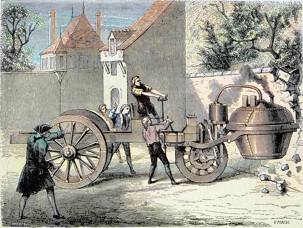 1770年、ニコラ・ジョセフ・キュニョー（1725-1804）が発明した蒸気自動車が暴走して壁の一部を倒した（最初に報告された「自動車事故」）-1896年の「科学のアルバム；著名な科学者；偉大な発見」に掲載 作： 無名の画家