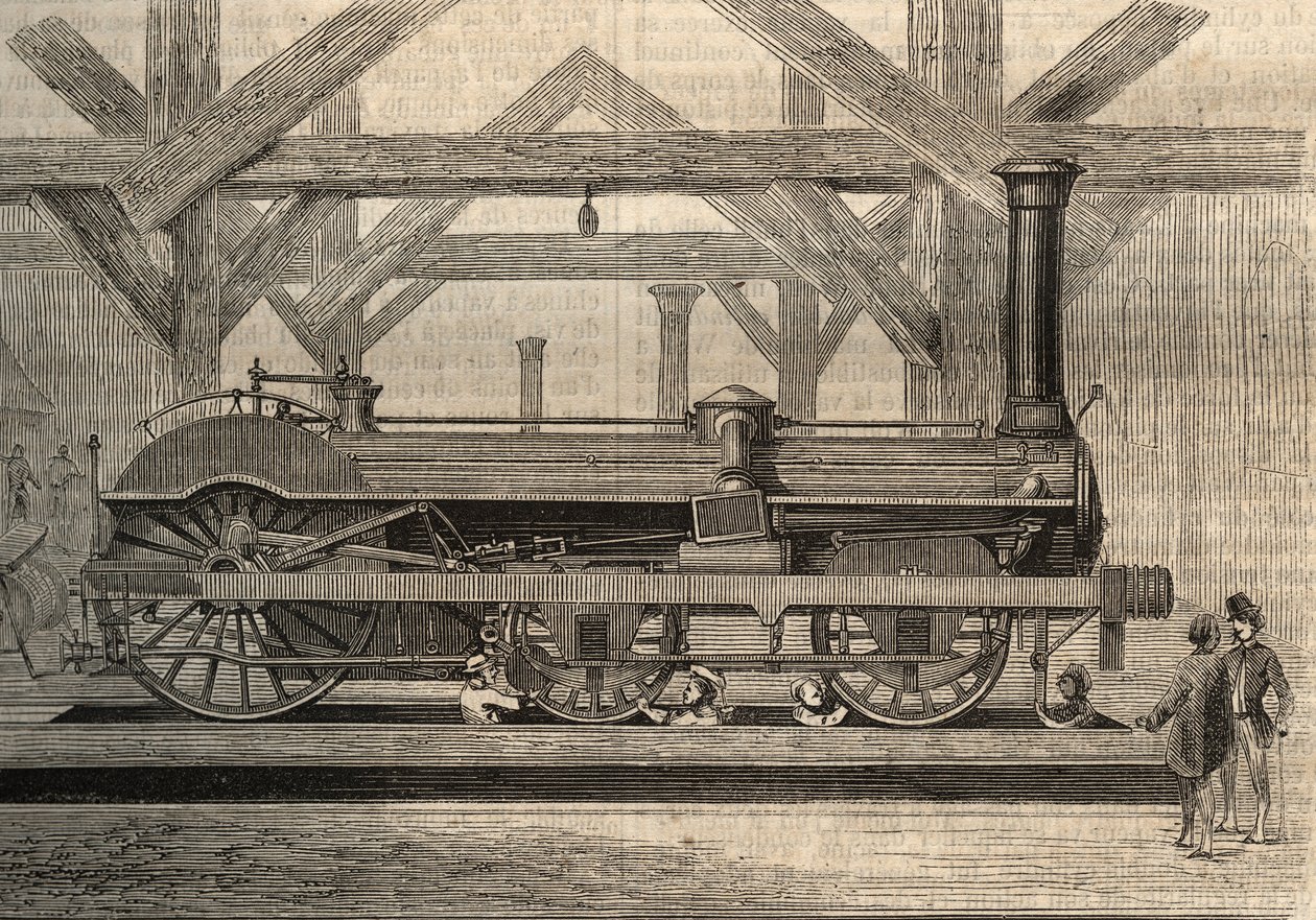 トーマス・ラッセル・クランプトン(1816-1888)と名付けられたクランプトン方式の蒸気機関車模型。1856年に描かれた版画。 作： 無名の画家