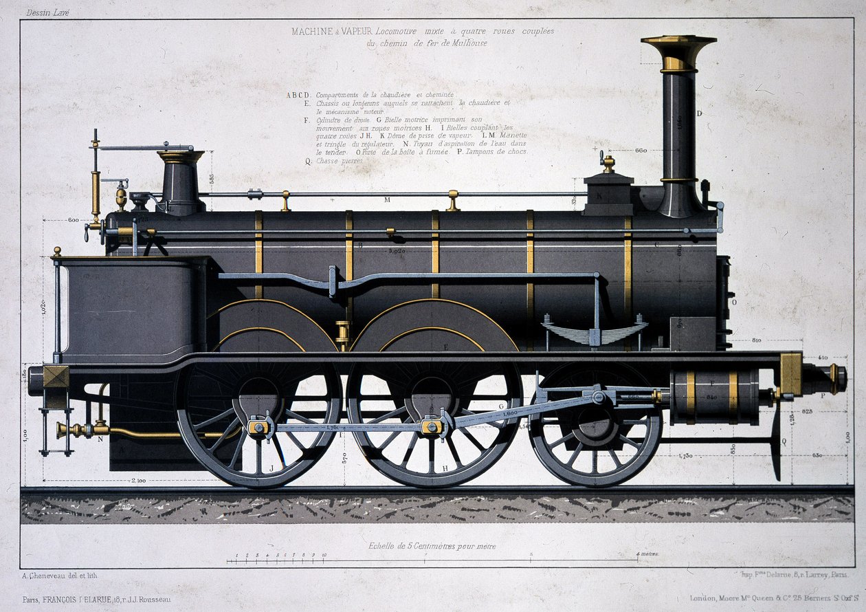 ミュルーズ鉄道の蒸気機関車 - ウォッシュでの描画 作： 無名の画家