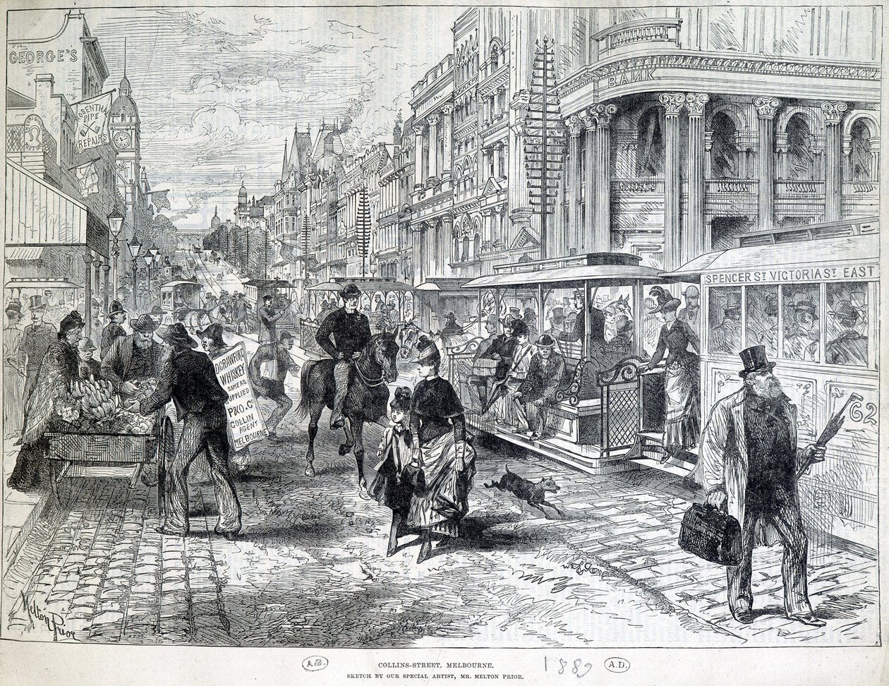 街の風景、1889年のメルボルンのコリンズ・ストリート。 作： 無名の画家