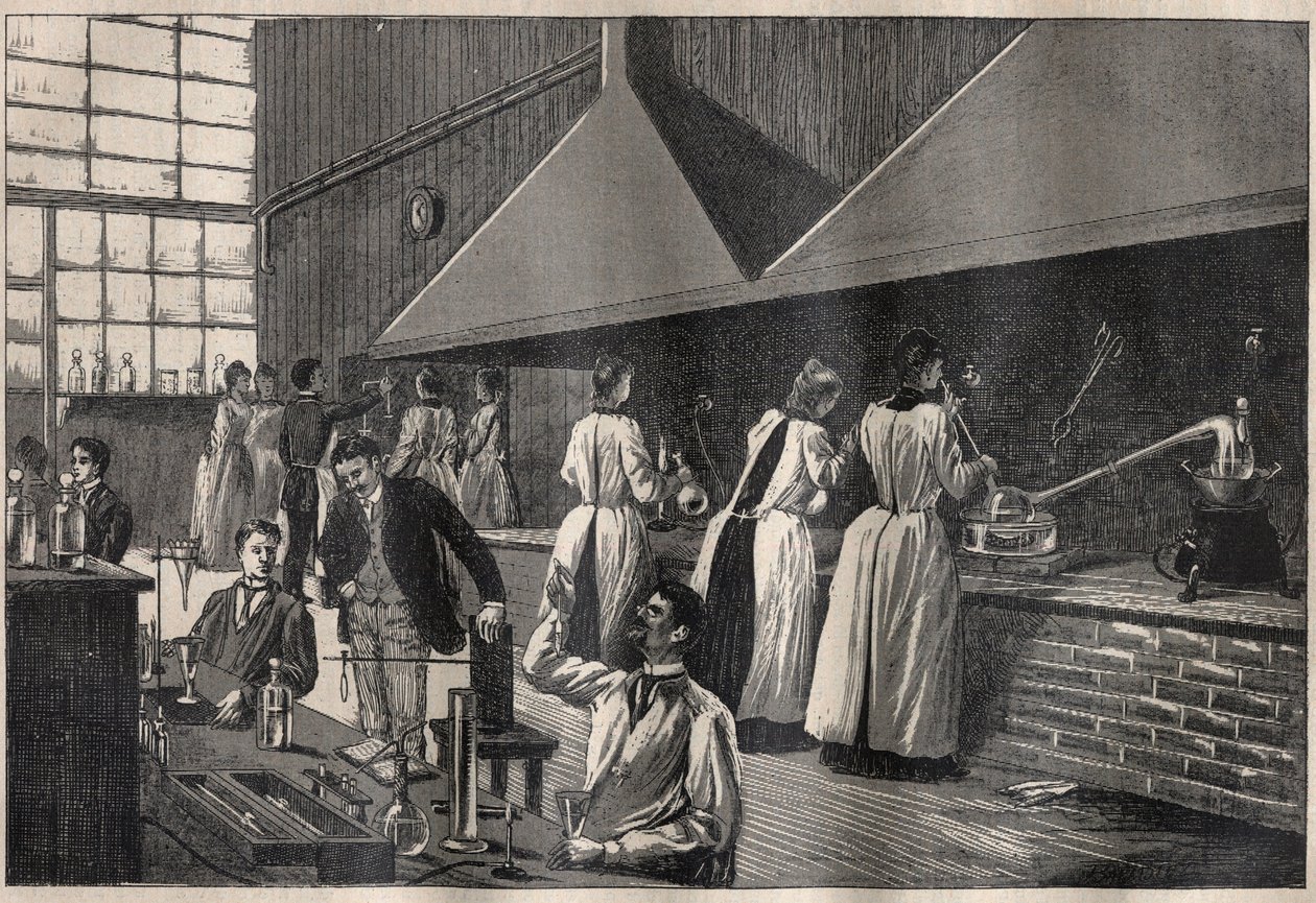 パリ国立高等音楽院（Arts-et-Metiers）の実習室にいる学生と教授たち 作： 無名の画家