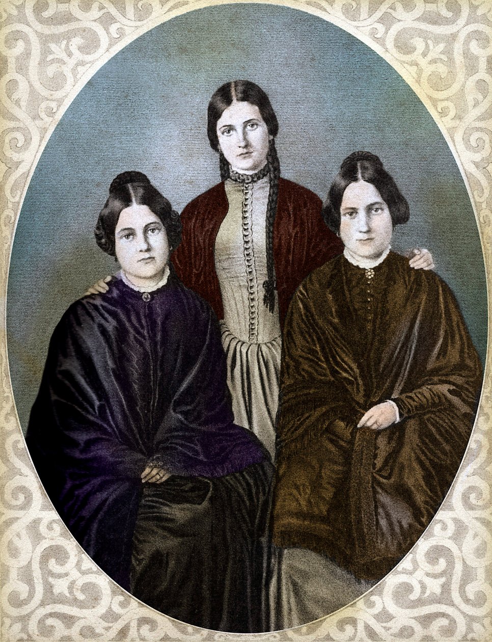 AS IRMÃS FOX Margaretta, Kate e Leah pioneiras espiritualistas (Irmãs Fox: da esquerda para a direita: Margaret ou Maggie (1837-1893), Kate (1828-1892) e Leah (1814-1880), pioneiras do espiritismo e do espiritismo 作： 無名の画家