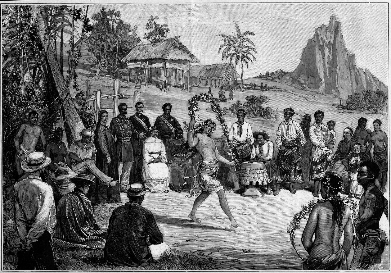 タヒチパペーテでポマレ5世の宮廷前でタイの踊りを披露 作： 無名の画家