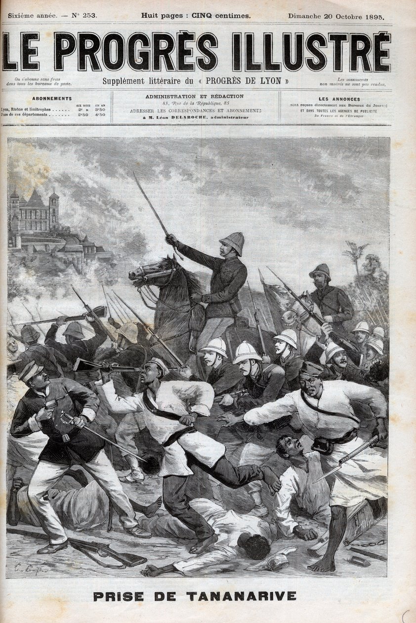 アンタナナリボを奪う-フランス軍がアンタナナリボに侵攻した1895年-Conquete de Madagascar.- 1895年9月30日、フランス遠征軍によるTananariveの占領 - 1895年の "Le Progres illustrious "に掲載された刻印 作： 無名の画家