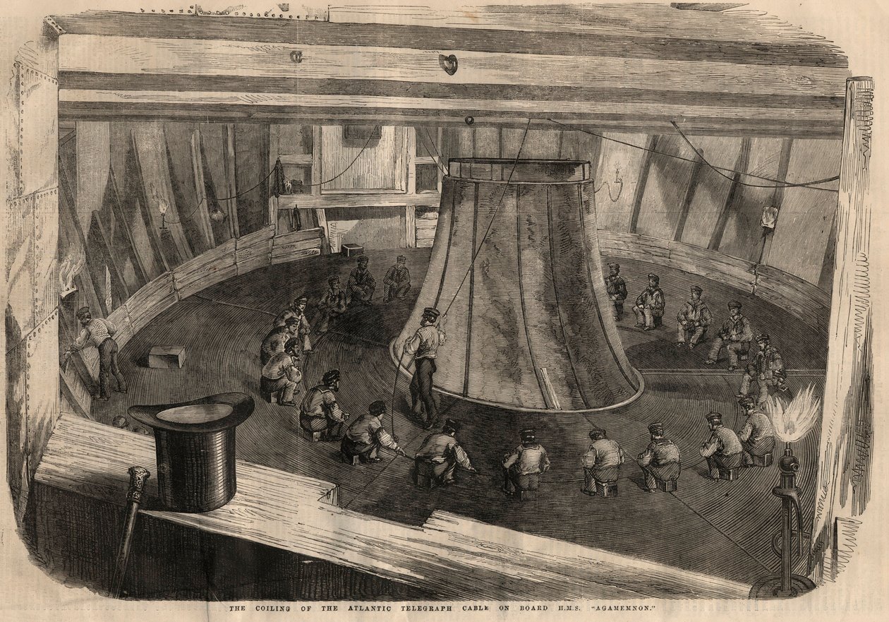 電信：H.M.S. "アガメムノン "号での大西洋横断ケーブルの巻き取り。8月1日付「The illustrated London News」掲載の図版 作： 無名の画家