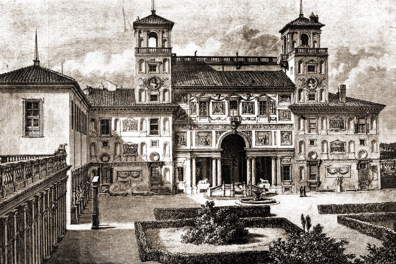 ヴィラ・メディシスのテラスとファサード。ツール・ド・モンド1870年前期のフランシス・ウェイ1864-1869年の旅。 作： 無名の画家