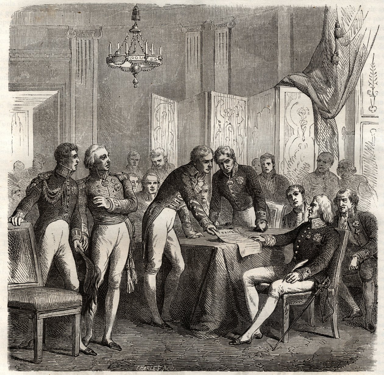 1834年にイギリス、フランス、スペイン、ポルトガルの間で結ばれた「エボラモンテの利権」を行使するための同盟-ドン・カルロスのスペイン王位継承権を前に、四者同盟（シャルル＝モーリス・ド・タレイラン-ドン・マヌエル・パンド＝フェルナンデス 作： 無名の画家