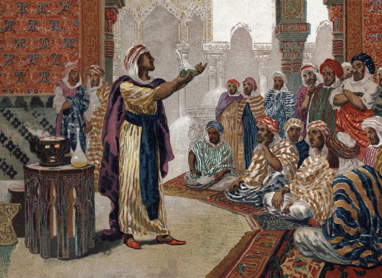 アラブの錬金術師ゲベール(Jâbir ibn Hayyan) (v721-v815), einching chemistry.バルセロナ 1881 作： 無名の画家