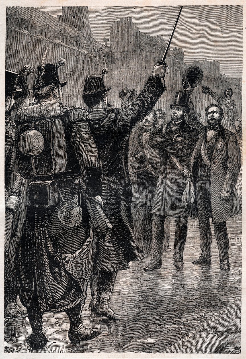 Victor Schoelcher (1804-93) at the Saint Antoine Barricade, 4th December 1851 - Victor Schoelcher (1804-93) の逮捕 1851年12月4日、フォーブル・サン・アントワンヌ - ルイ・ボナパルト（未来）のクーデターによって引き起こされた反乱の中で、このような逮捕が行われた。 作： 無名の画家