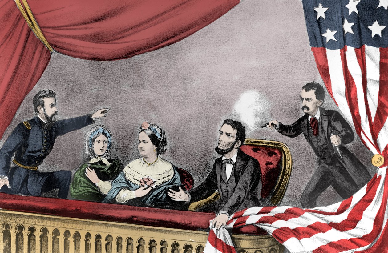 フォード劇場でのジョン・ウィルクス・ブースによるエイブラハム・リンカーンの暗殺 ワシントンDC 4月14日 1865年 - エイブラハム・リンカーン大統領の暗殺（1809-1865） 4月14日 作： 無名の画家