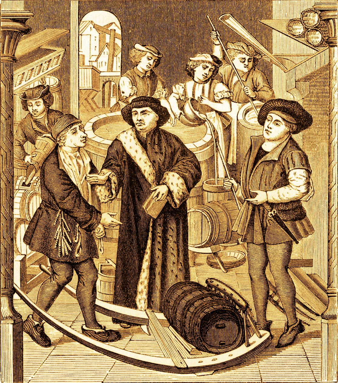 O Bispo de Tournai recebendo o dízimo da cerveja em tournai 作： 無名の画家