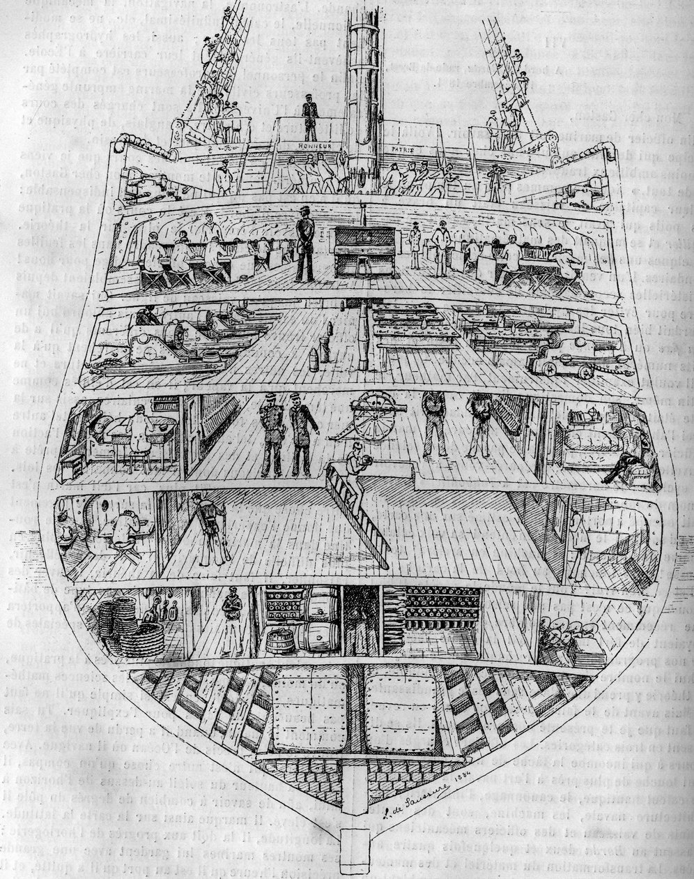 ボルダ号」：船体の断面図。M. L. de Saussureが描いたもの。"Le journal de la jeunesse "に掲載された図版 作： 無名の画家