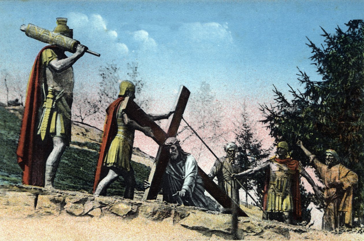 ルルドのカルバリー（十字架の道行）（十字架を運ぶ）：III駅 - イエスは十字架の重さに倒れる。 作： 無名の画家