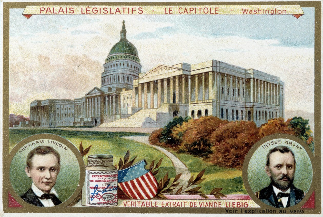 リンカーン（1809-1865）とユリシーズ・グラント（1822-1885）の肖像が描かれたワシントン（米国）のアメリカ議会議事堂 - リービッヒ・クロモリトグラフィー 作： 無名の画家