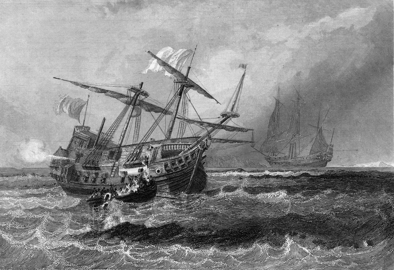 1602年7月1日、モルディブ諸島の岩礁で遭難したコービン号。ヴァン・テナックの「海軍の一般史」では 作： 無名の画家