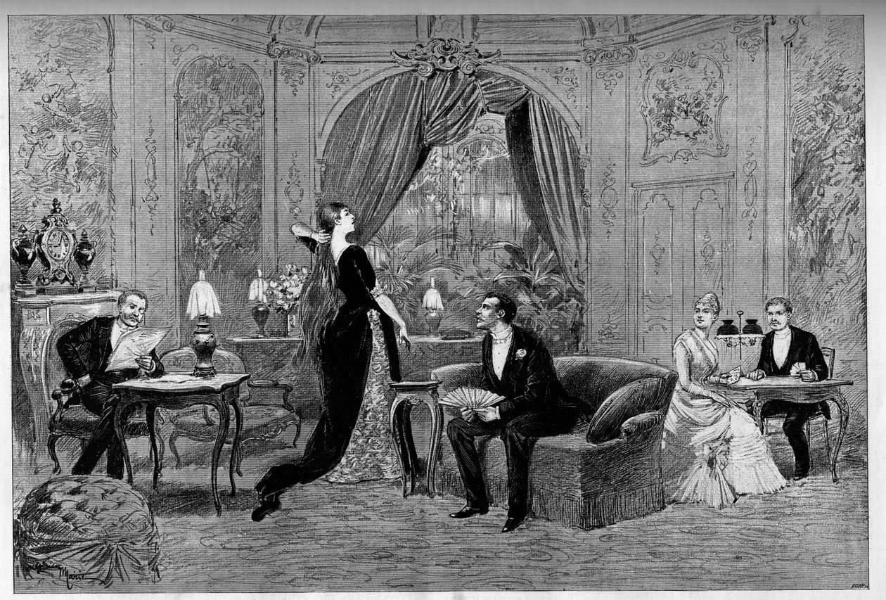Der Graf von Riverolles, Francine, Stanislas de Grandredon, Therese Smith und Henri de Simeux, Charaktere des Stücks „Francillon“, Komödie von Alexandre Dumas (1824-1895), gespielt an der Comédie-Française (1887) in Paris. Gravur in „Le monde illustré“ von Unknown artist