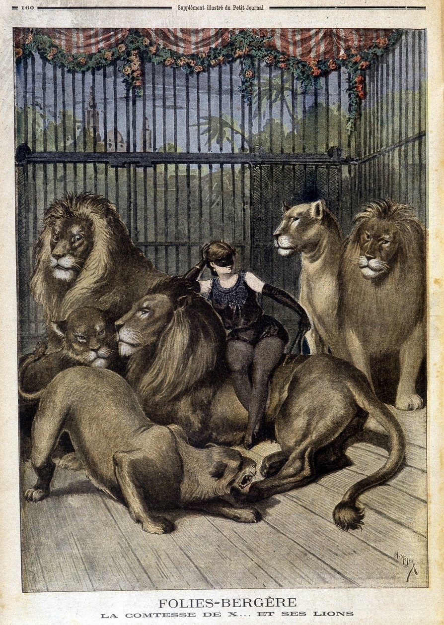 パリのフォリー・ベルジェールのショーに登場したX伯爵夫人と彼女の獅子たち。1895年5月19日のLe petit Journalに掲載されています。 作： 無名の画家
