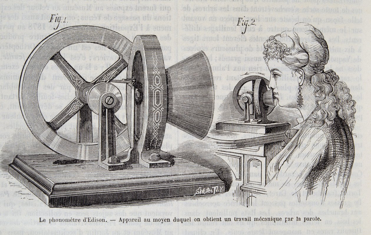エジソンのフォノメーターは、1878年の「ネイチャー」誌に掲載されたスピーチによって、機械的な仕事を得ることができる装置です。 作： 無名の画家