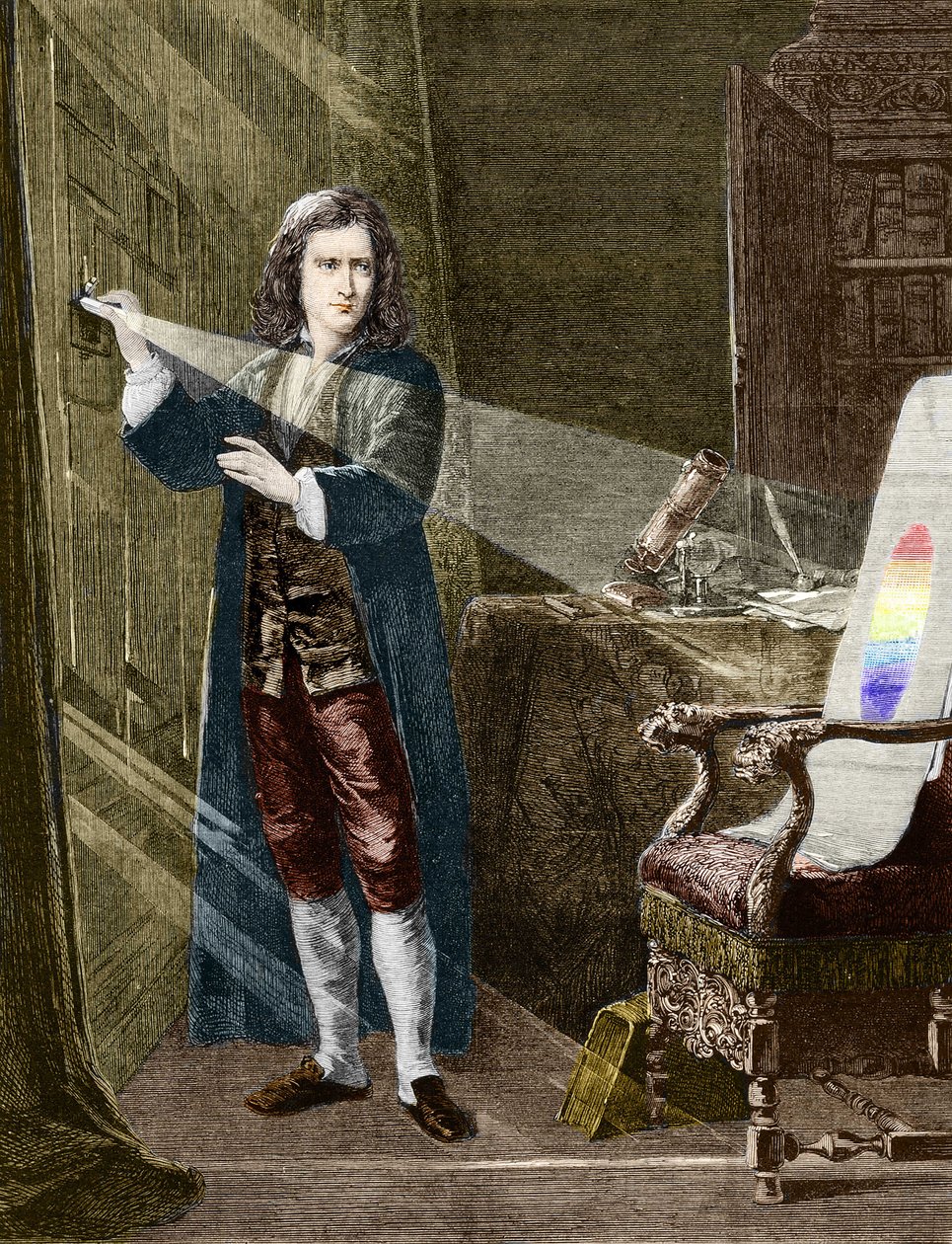 イギリスの物理学者アイザック・ニュートン（1642-1727）は、ガラスのプリズムで光を分解した。1880年の版画。 作： 無名の画家