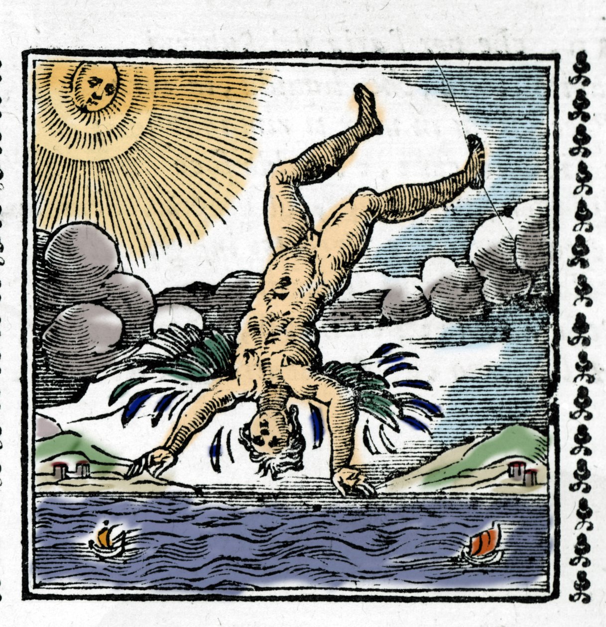 The Fall of Icarus - イカルスの落下。カラフルなキシログラフィー。16世紀の作品。 作： 無名の画家