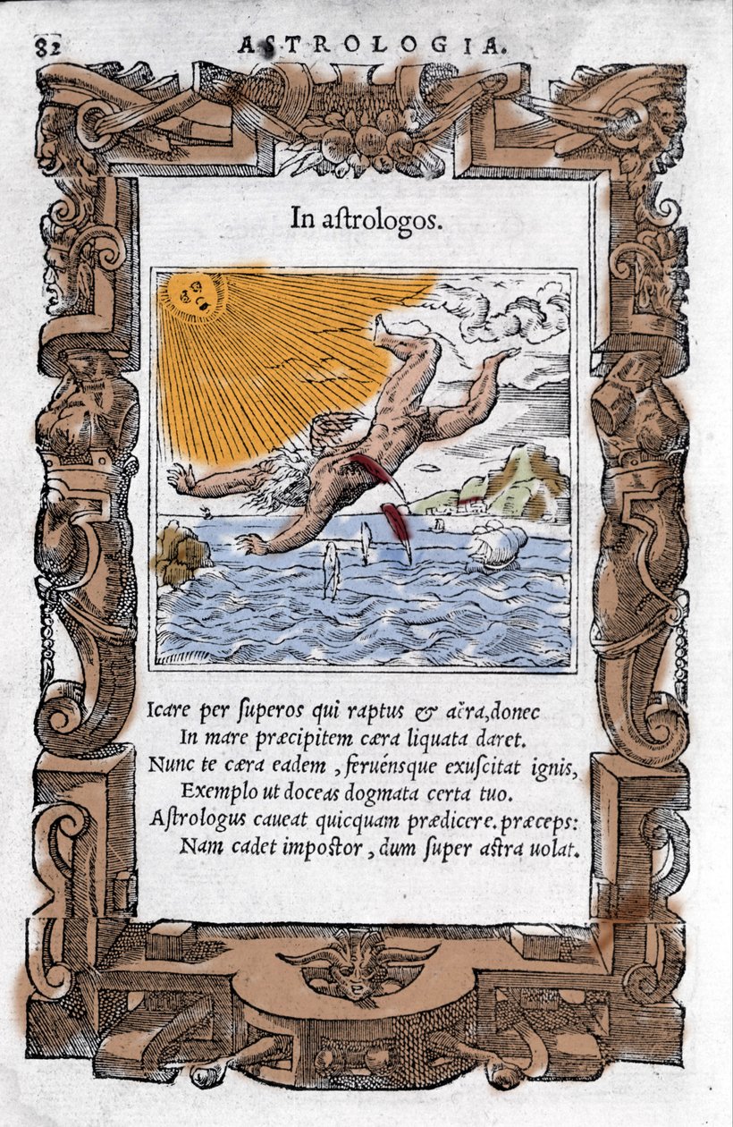 The Fall of Icarus - イカルスの落下。16世紀のカラフルなXylography。 作： 無名の画家