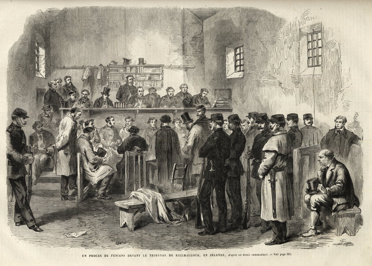 The Fenian Insurrection, Inquest on Mr Cleary in Courthouse at Kilmallock - 1867 - A trial of Fenians prior to the Court of Kilmallock in Ireland - 1867 - engraving from the "The Illustrous Universe" of 1867 作： 無名の画家