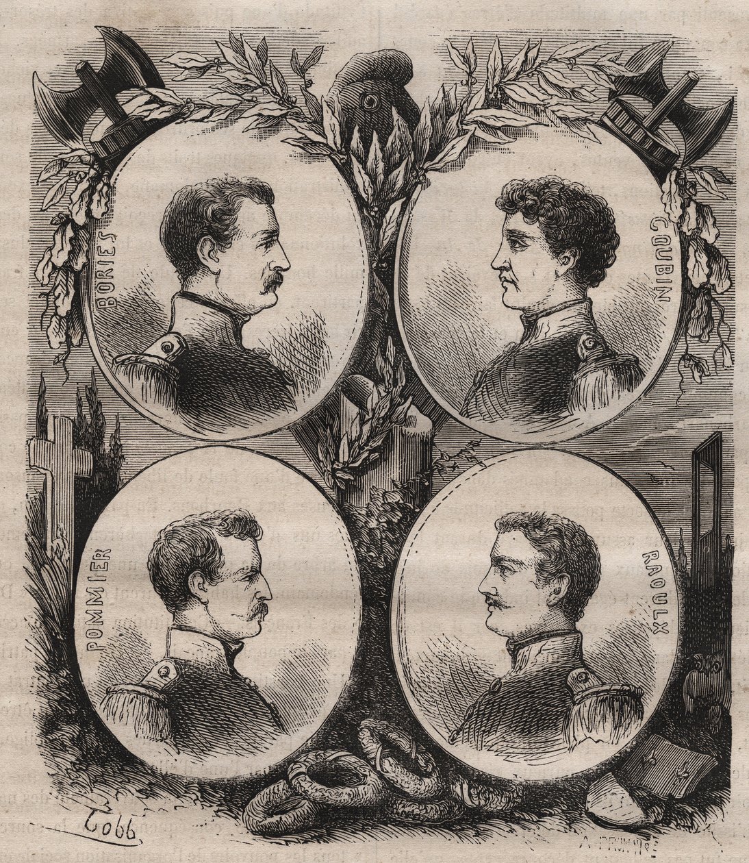 Die vier Sergenten (Jean Francois Bories, Jean Joseph Pommier, Marius Claude Raoulx und Charles Goubin) von La Rochelle, beschuldigt unter der Restauration, die Monarchie stürzen zu wollen, und 1822 guillotiniert von Unknown artist