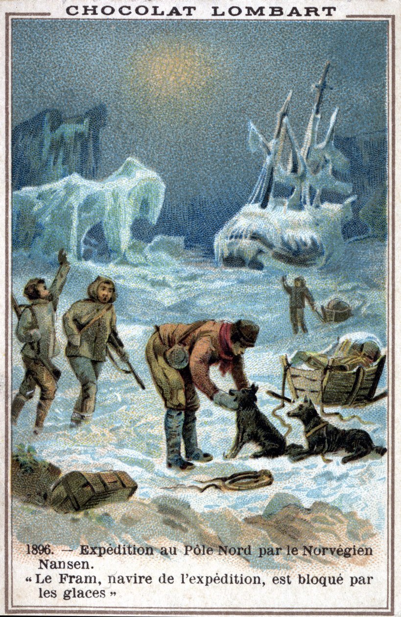 1896年、北極海の氷に埋もれたノルウェーの探検家、フリットヨフ・ナンセンの船「フラム号」。 作： 無名の画家
