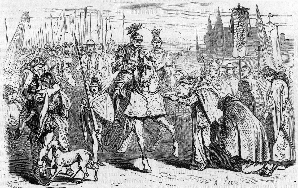 フランス人は1451年6月23日にシャルル7世のもとでボルドーに行き、イギリス人に対するレコンキスタの終わりを迎えた。19世紀のエングレーヴィング。 作： 無名の画家