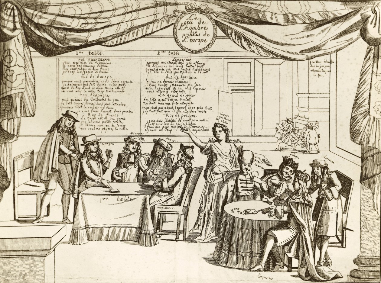 Das Spiel des Hombre der Fürsten Europas - Hombre, Metapher der internationalen Politik - 1685 - Europa wird von unkontrollierten Herrschern in Stücke geschnitten, die ihre Territorien wie ihr eigenes Eigentum „spielen“ - Die Satire folgt dem Waffenstillst von Unknown artist