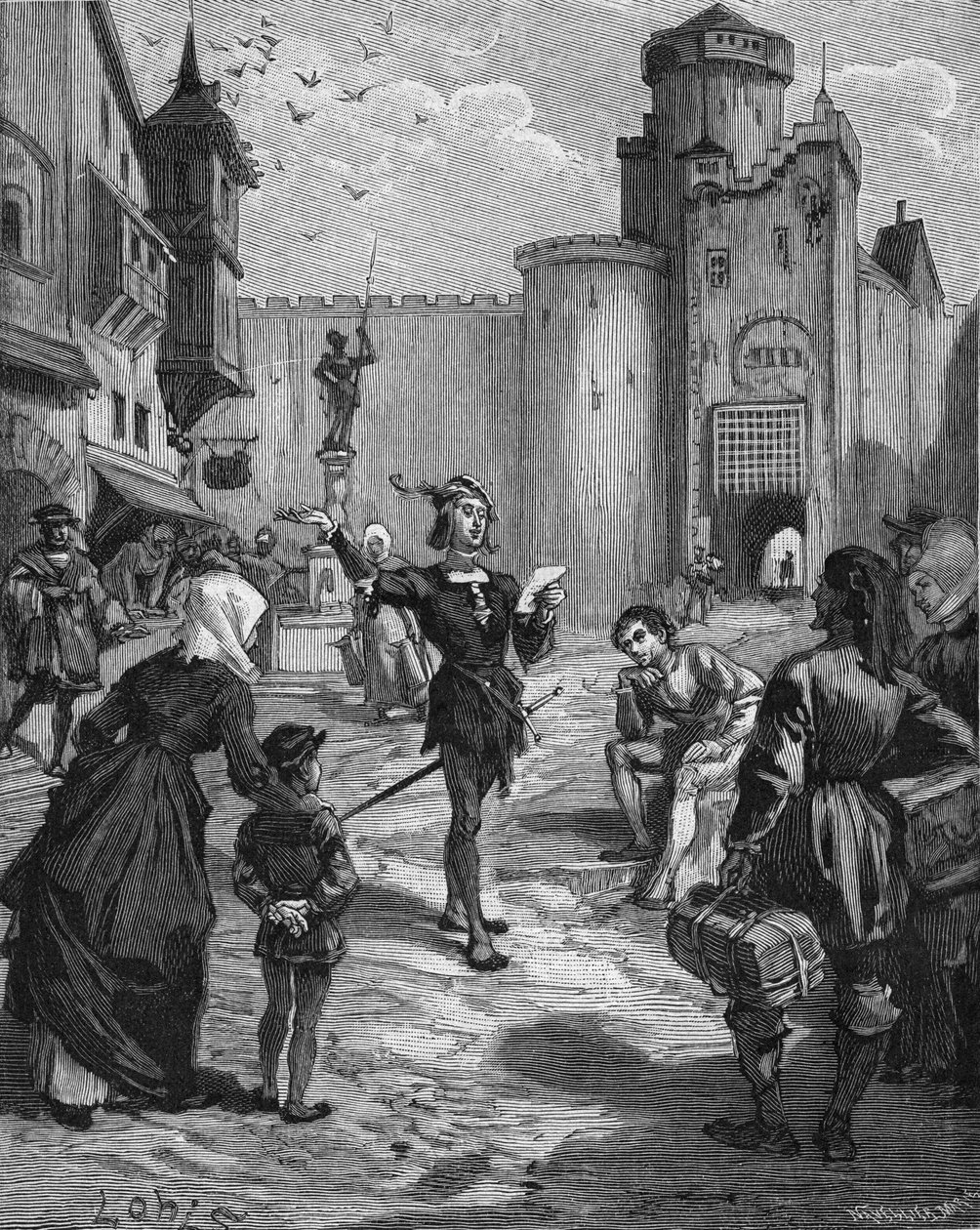 ドイツの騎士、詩人、ヒューマニストであるウルリッヒ・フォン・ヒュッテン（1488-1523）が路上で自作の詩を宣言している様子。19世紀のエングレーヴィング。ジュール・ミシュレの『フランス史』には 作： 無名の画家