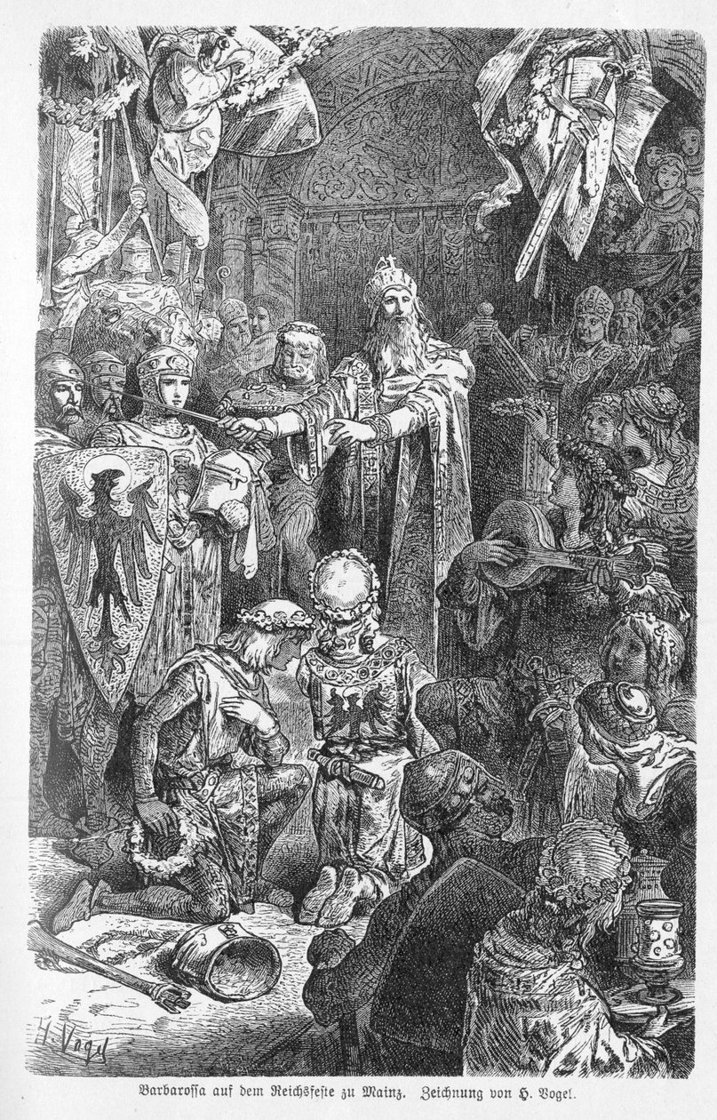 偉大なる皇帝フレデリック・バルバロッサがマインツで宮廷を開いた - ホーエンシュタウフェン家のフレデリック1世（フレデリック・バルベローズ）（1122-1190）がマインツでヴュルツブルクの前衛ゲラルドの十字架を受けた - リチャード・ロスの「Kaiser, Konig une Papst」に掲載されているエングレーヴィング 作： 無名の画家