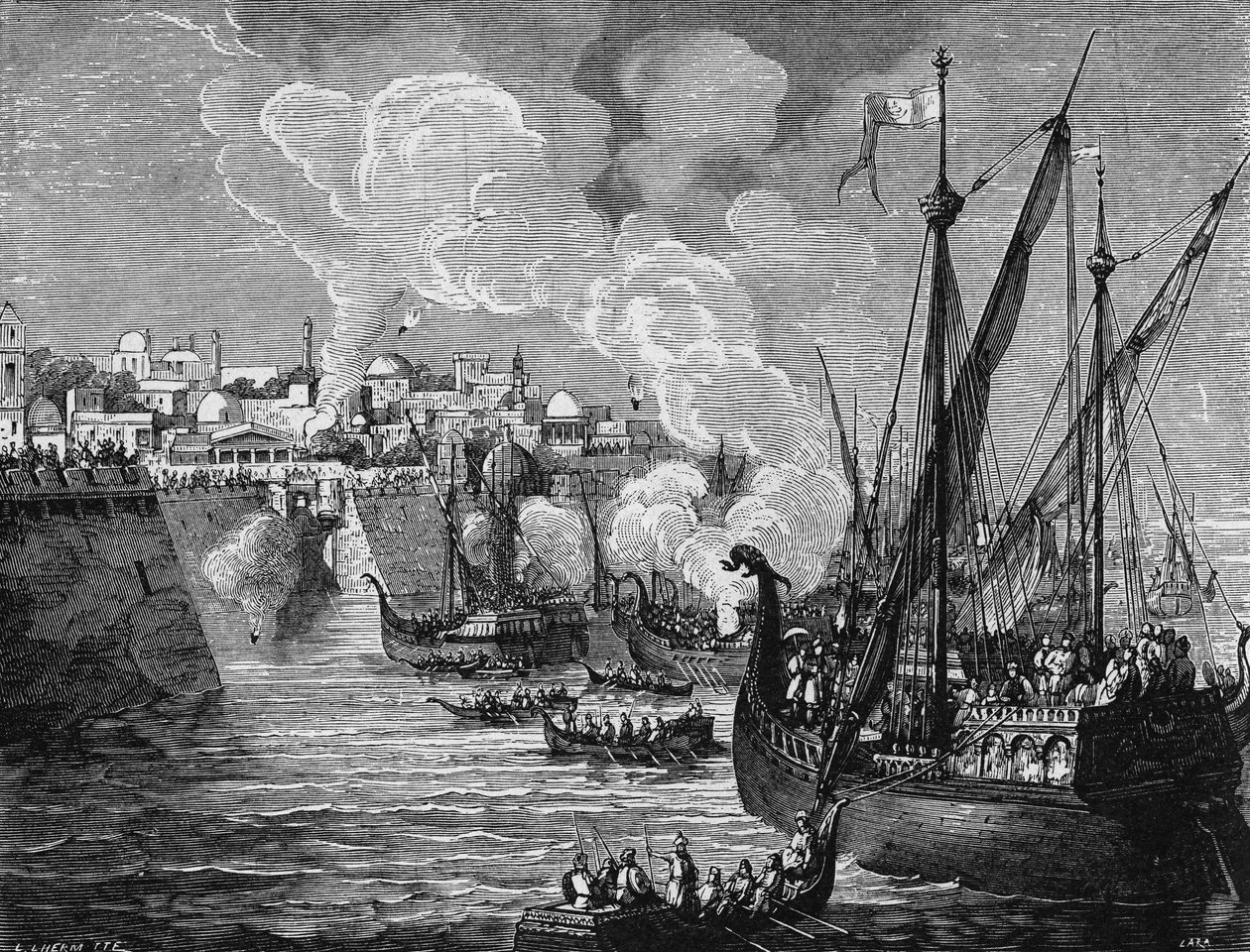 1453年、ムハンマド2世によるコンスタンティノープル包囲戦で、包囲者と被包囲者が使用したギリシャの火。科学のアルバム」エディシオン・ジュベにて 作： 無名の画家