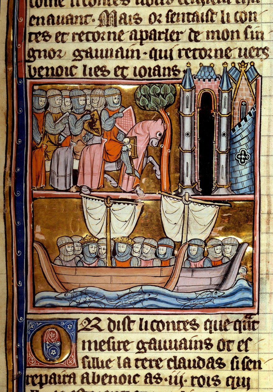 騎士たちは十字軍のために出発した。Robert De Borron (ou Boron) (1147-1170) 1280年頃 Paris, B.N.による「La quete du Holy Grail et la mort du roi Arthur」から引用されたミニチュア。 作： 無名の画家