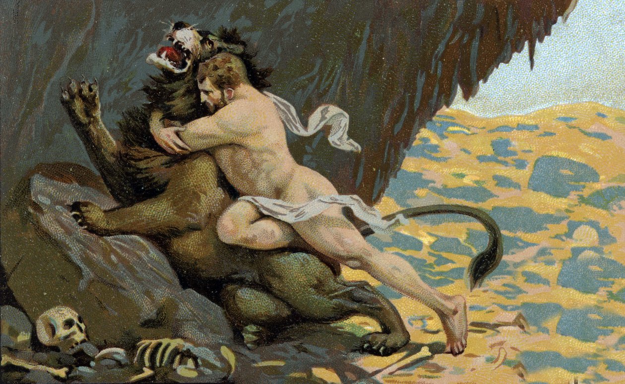 ヘラクレスの労苦ヘラクレスとネメのライオン、20世紀初頭（クロモ） 作： 無名の画家