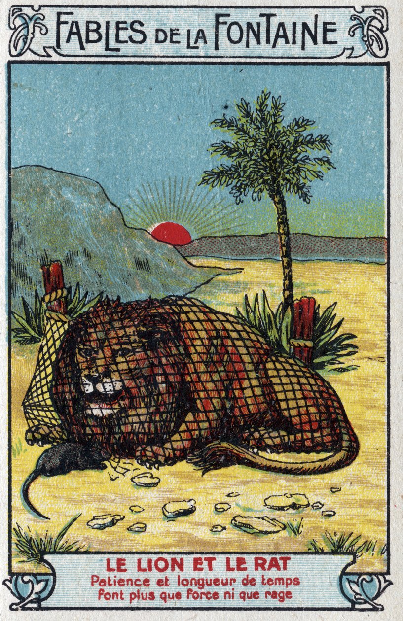 ライオンとネズミ - ジャン・ド・ラ・フォンテーヌ（1621-95）の寓話 - 19世紀末のChromolithography 個人蔵 作： 無名の画家