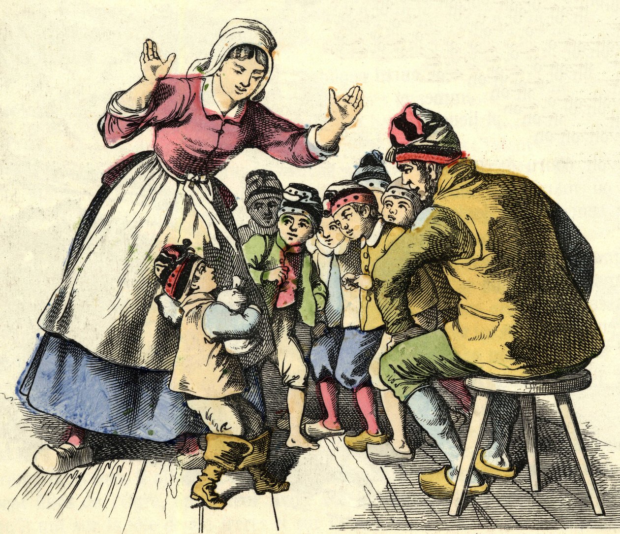 小さなプーレとその兄弟は、両親のもとに帰る。シャルル・ペローの「Le Pepetit Poucet」という物語の挿絵 作： 無名の画家