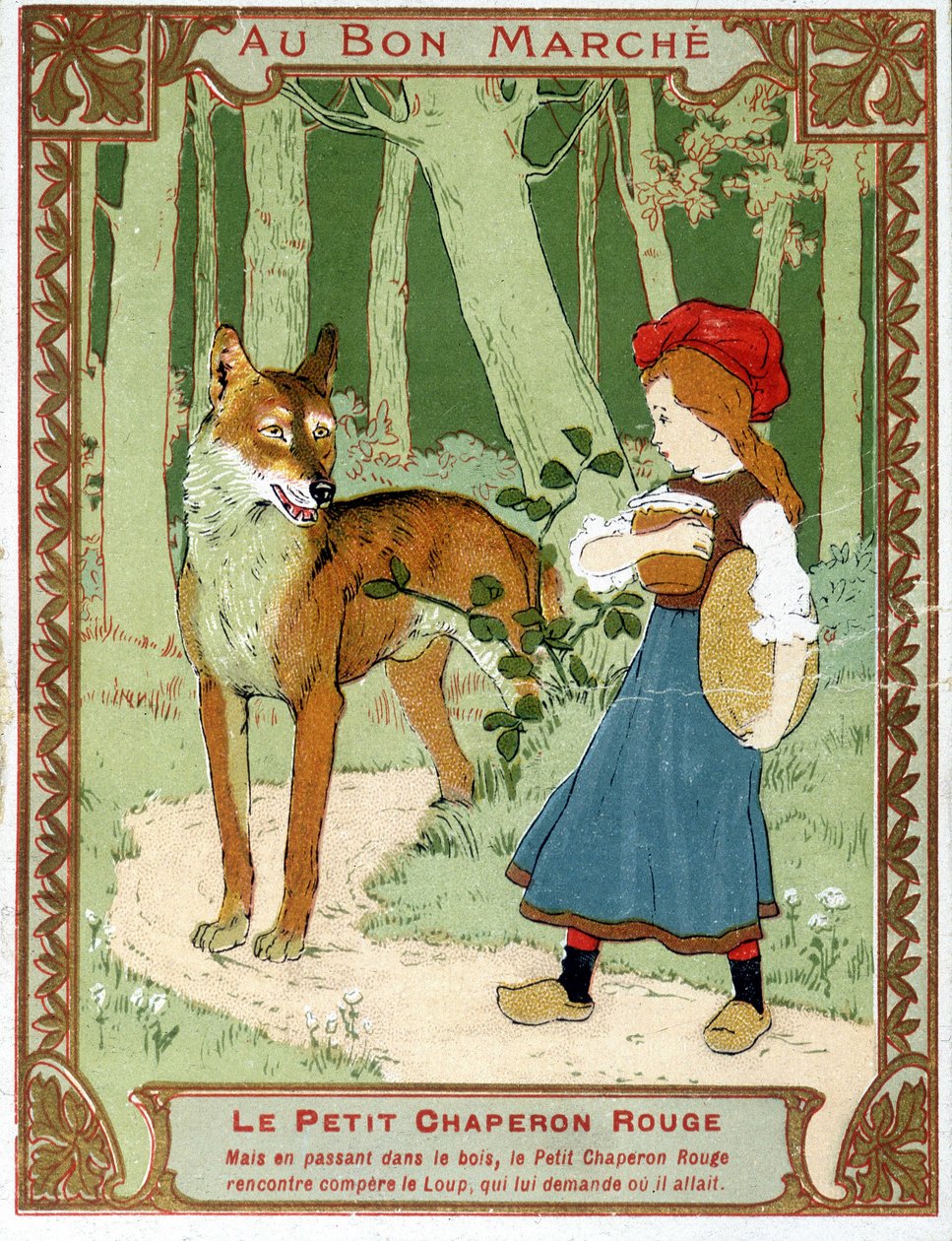 赤ずきんちゃんの狼との出会い - ボン・マルシェ広告ラベル