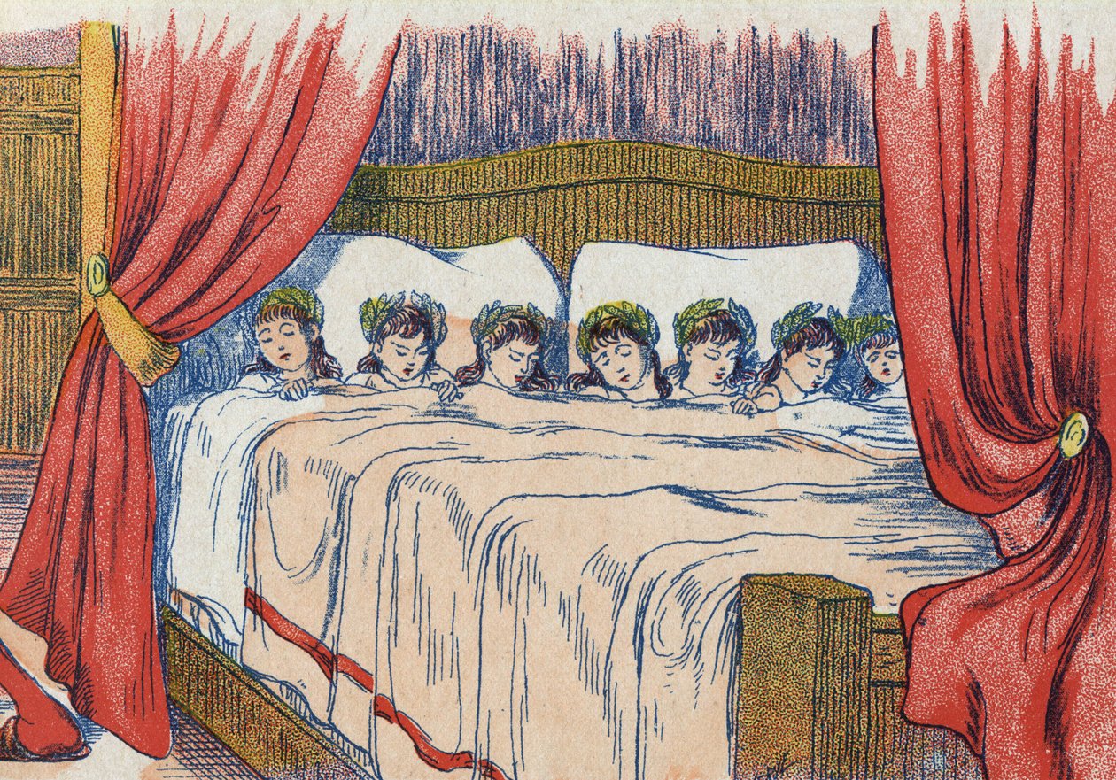 親指小僧とその兄弟が眠る、頭には王冠。フランスの作家、シャルル・ペロー（1628-1703）の物語「Le Pepetit poucet」の挿絵。匿名のイラスト。イメージ：Marcel Vagne, Jarville Nancy, undated (19世紀後半). 作： 無名の画家