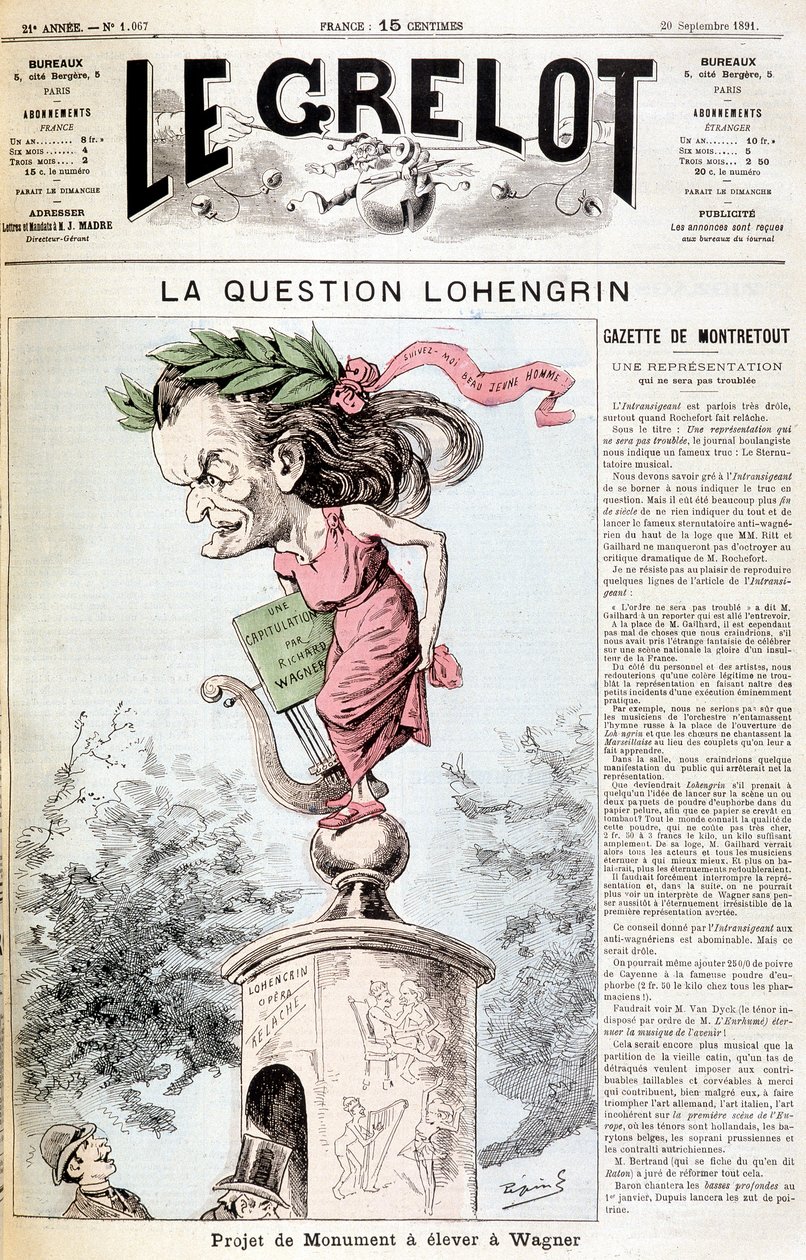 ローエングリンの問題1891年9月20日付「Le Grelot」紙に掲載された、ワーグナーの記念碑建設計画。 作： 無名の画家