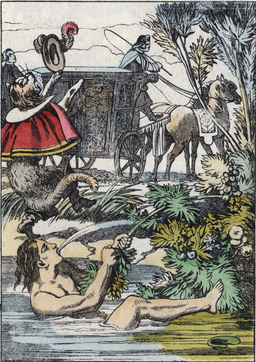 カラバ侯爵は溺れるふりをし、長靴の猫は助けを求めます。シャルル・ペローの物語「長靴をはいた猫」の挿絵 作： 無名の画家
