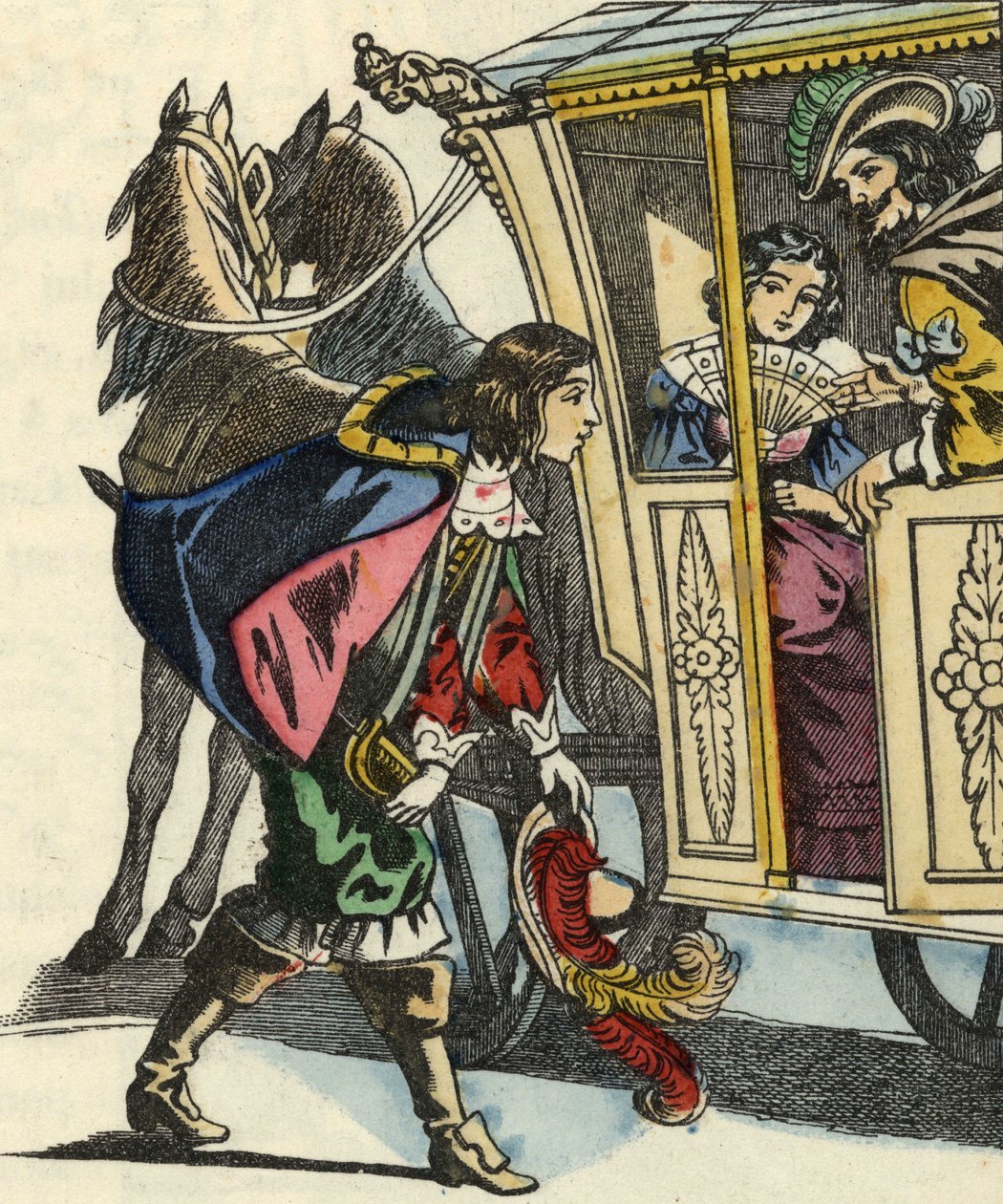 馬車に乗った王様とお姫様を出迎えるカラバ侯爵。シャルル・ペローの物語「猫のボッテ」の挿絵 作： 無名の画家