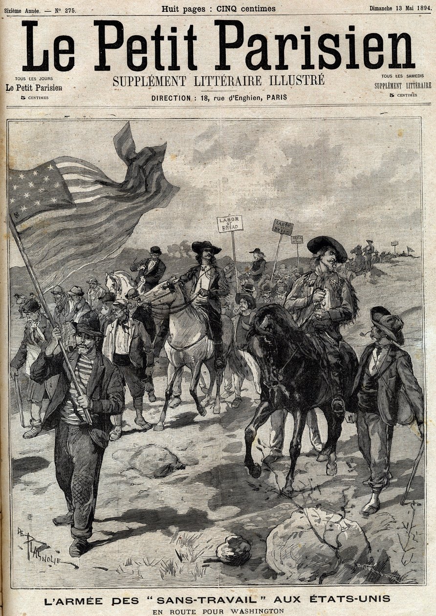 Die „No Work“-Armee in den Vereinigten Staaten auf dem Weg nach Washington. Im April fanden Streiks in Pennsylvania und Ohio statt, und eine Armee arbeitsloser Männer unter der Führung von Jacob Coxey marschierte nach Washington, um Arbeit zu fordern. Grav von Unknown artist