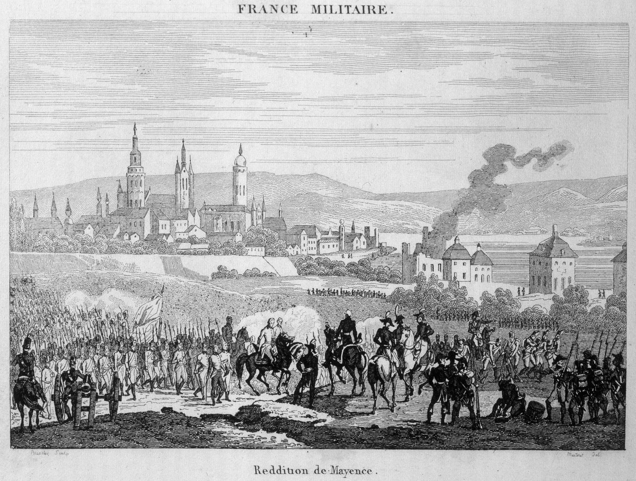 プロイセン軍がフランス軍からドイツのマインツ市（またはマインツ）を占領したのは1793年7月。19世紀のエングレーヴィング。 作： 無名の画家