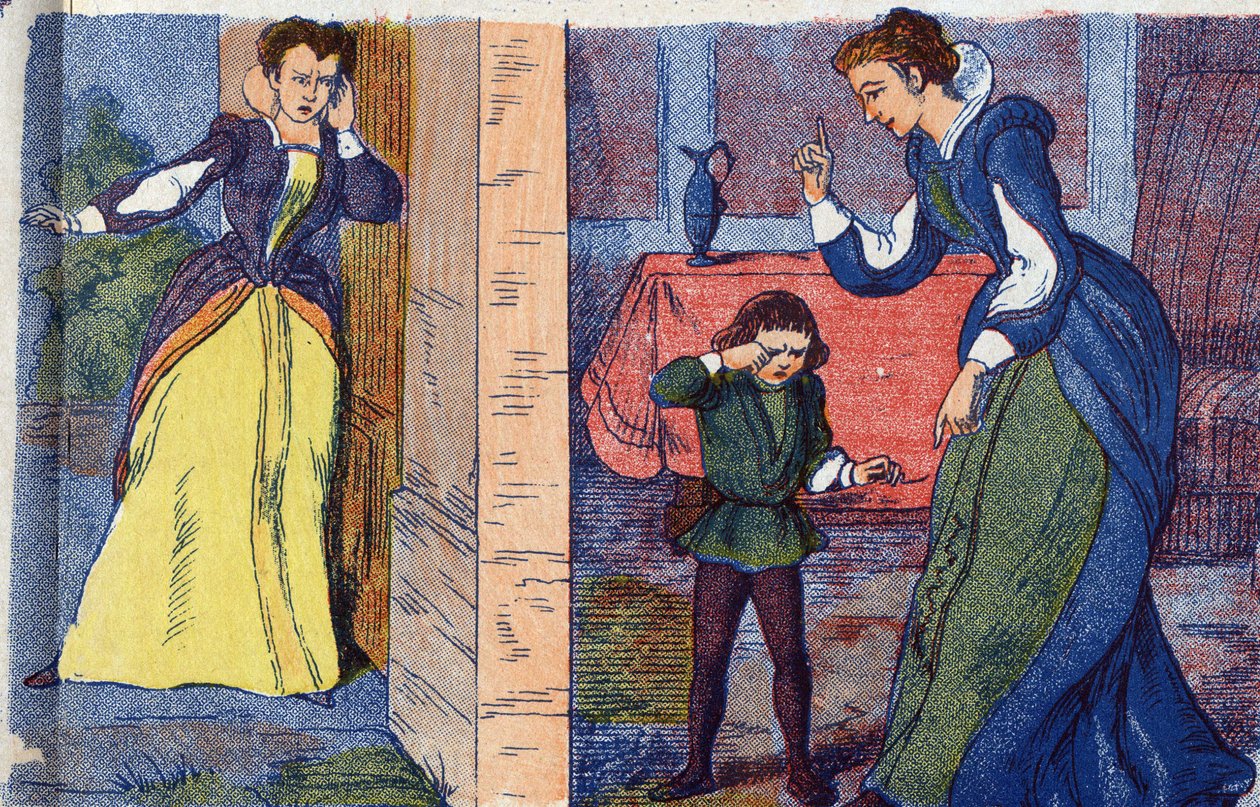 皇太后が発見した王妃とその子供たちの引退。フランスの作家、シャルル・ペロー（1628-1703）の物語「La belle au bois dormant」の匿名のイラスト。イメージ：Marcel Vagne, Jarville Nancy, undated (19世紀後半). 作： 無名の画家